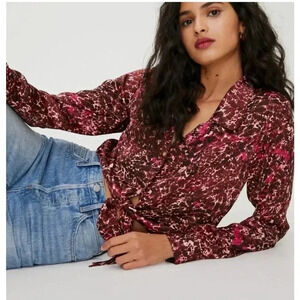 WILFRED ARITZIA Brown/Fushsia Custom Abstract Print Tie-Front Silky Blouse Sz S